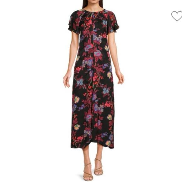 Reiss Leni black floral midi dress wedding guest cocktail party feminine fitted - Picture 1 of 14